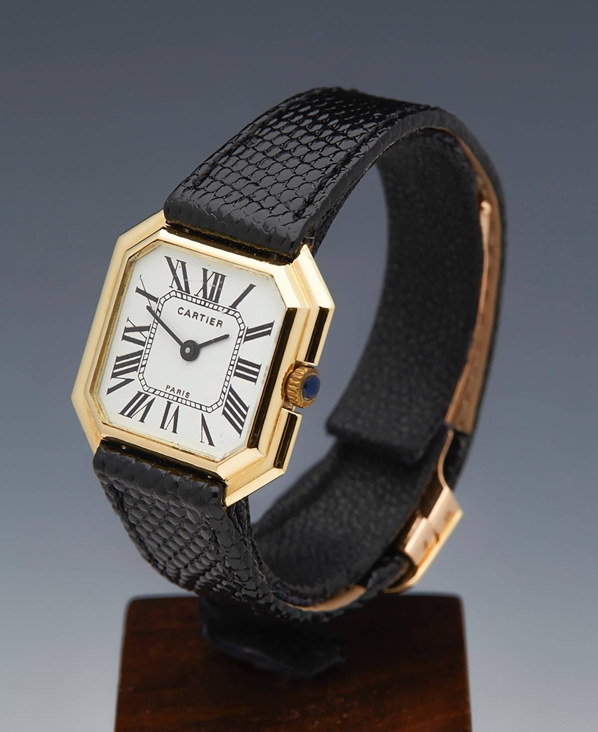 Specifications

Movement: Mechanical Wind
Case: 18k Yellow Gold
Case Diameter: 27mm
Dial: Original White Enamel with Roman Numerals
Bracelet: Black Lizard Leather
Strap Length: Adjustable
Strap Width: At Case 16mm / At Buckle 12mm
Buckle: