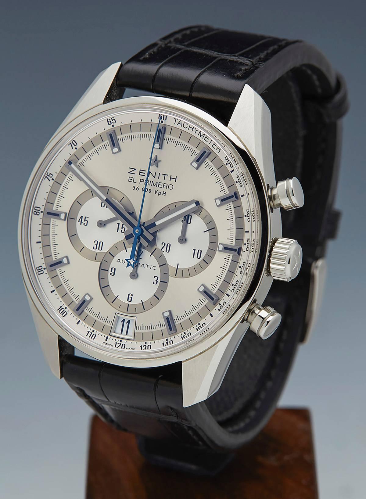Zenith Stainless Steel El Primero 36, 000 VPH Chronograph Automatic Wristwatch In Excellent Condition In Bishop's Stortford, Hertfordshire