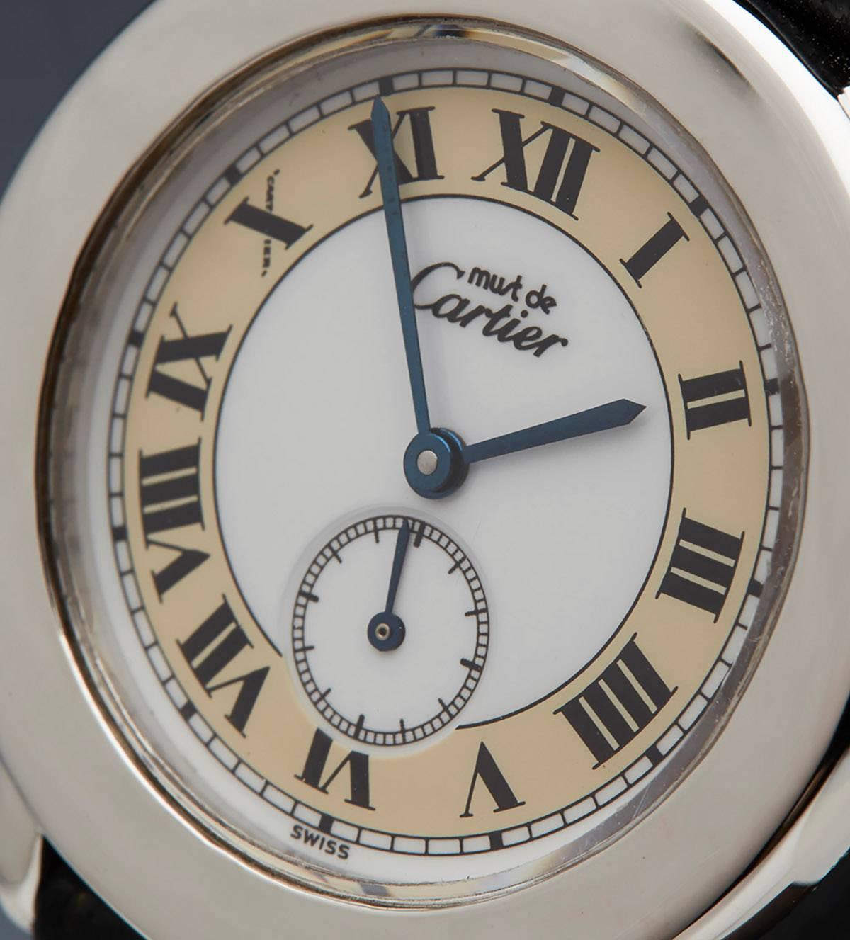Cartier White Gold Plated Silver Must De Cartier Ronde Quartz Wristwatch In Excellent Condition In Bishop's Stortford, Hertfordshire