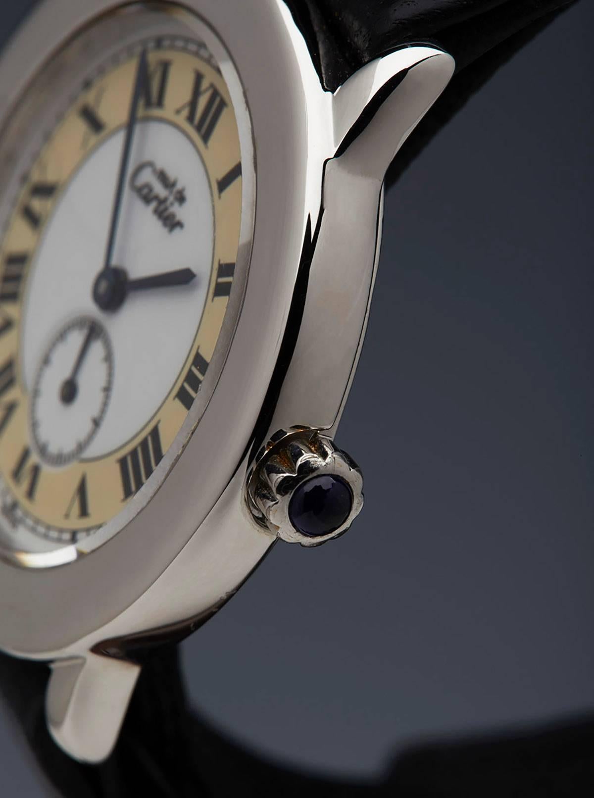Women's or Men's Cartier White Gold Plated Silver Must De Cartier Ronde Quartz Wristwatch