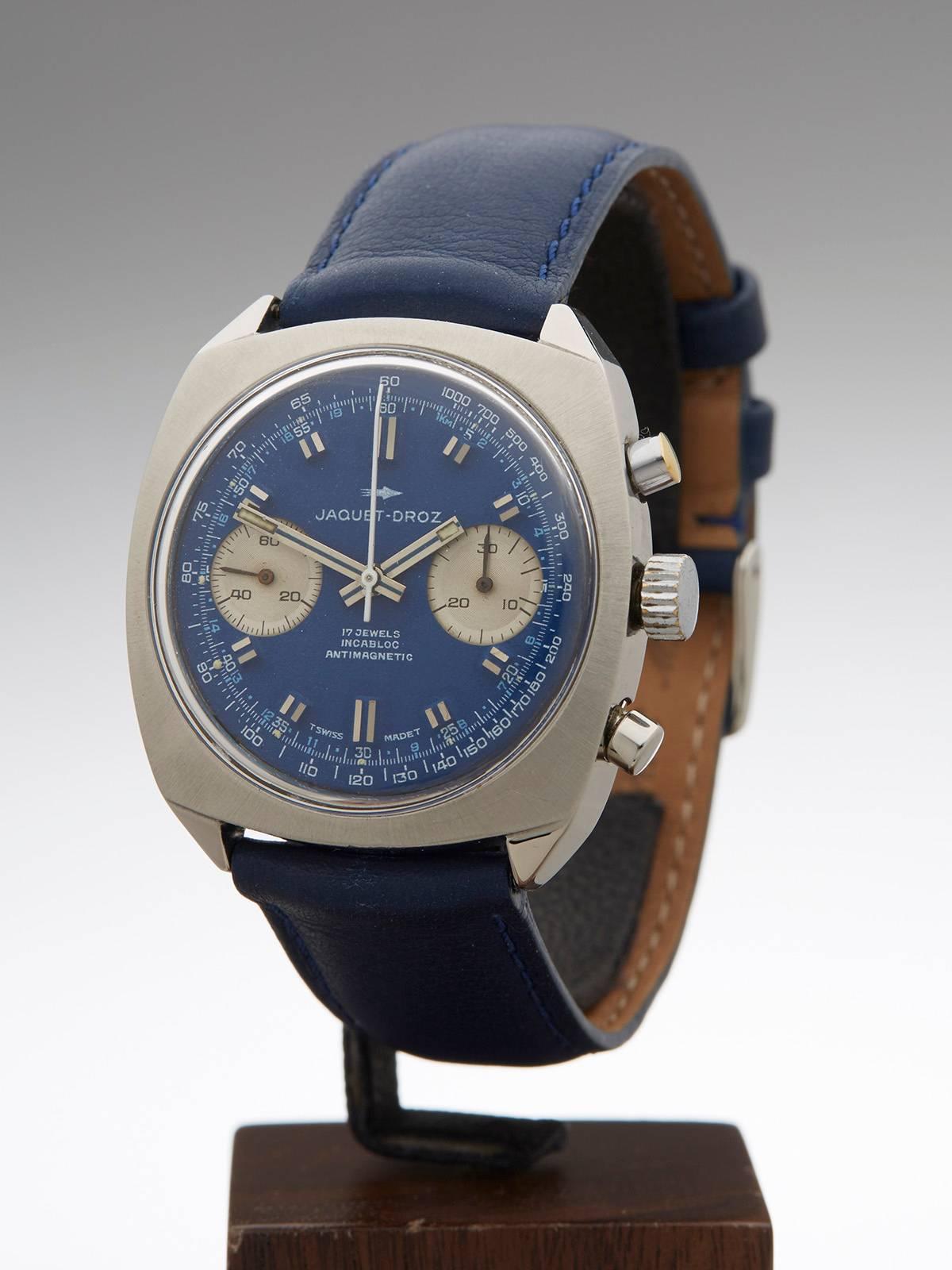 Ref: COM593
Serial: 01/****************
Condition: 8 - Good condition
Age: 1970's
Case Diameter: 38 mm
Case Size: 38mm
Box and Papers: Xupes Presentation Pouch
Movement: Mechanical Wind
Case: Stainless Steel
Dial: Blue
Bracelet: Blue Leather
Strap