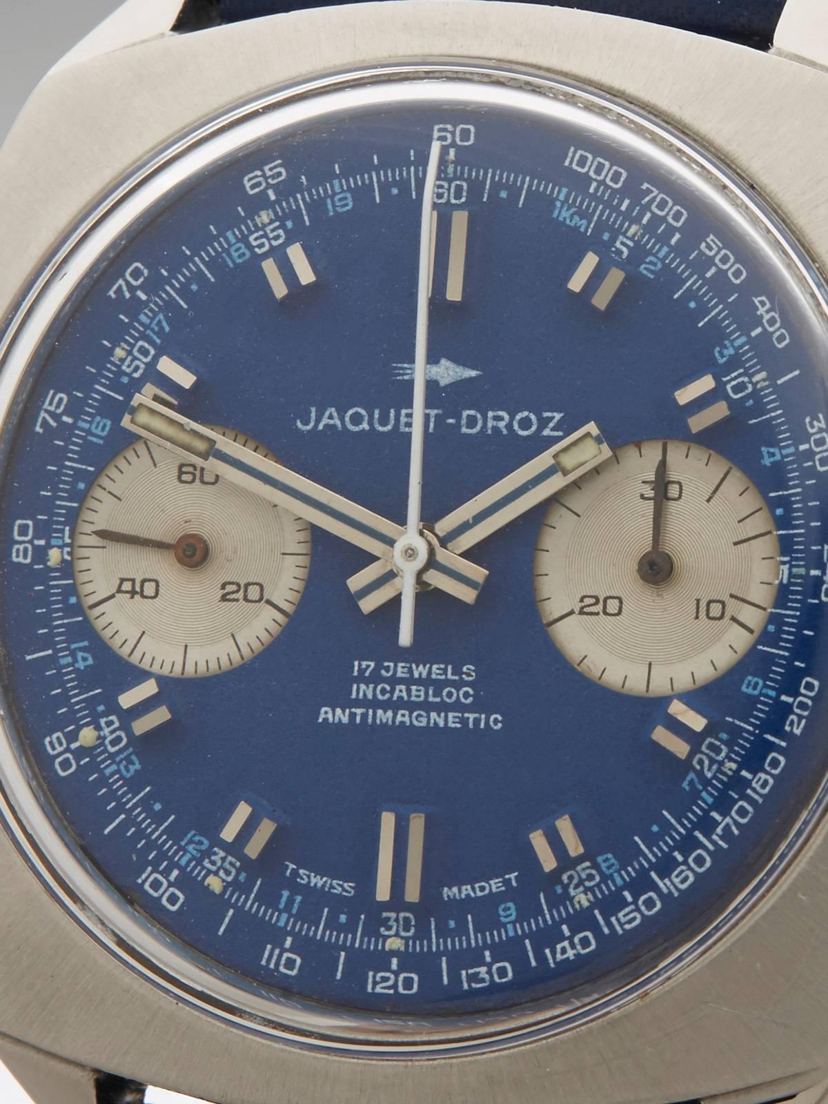 Jaquet Droz Chronograph Vintage Valjoux 7733 aus Edelstahl für Herren im Zustand „Hervorragend“ in Bishop's Stortford, Hertfordshire