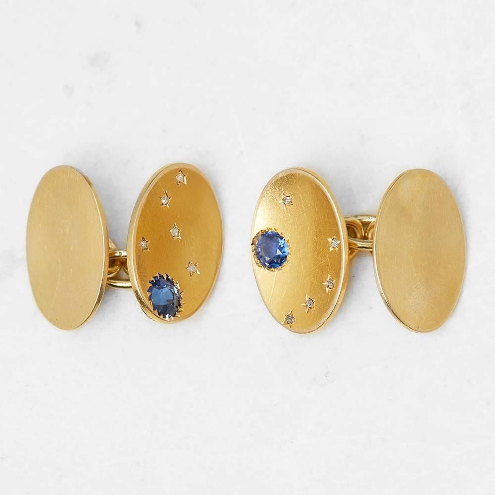 Ref:	COM963
Size: Length of Cufflinks - 1.8cm, Width of Cufflinks - 1.2cm
Box & Papers: Xupes Presentation Box
Material: 18k Yellow Gold, total weight - 12.99 grams
Gemset: Set with 2 round royal blue Sapphires of approximately 0.30ct total with 10