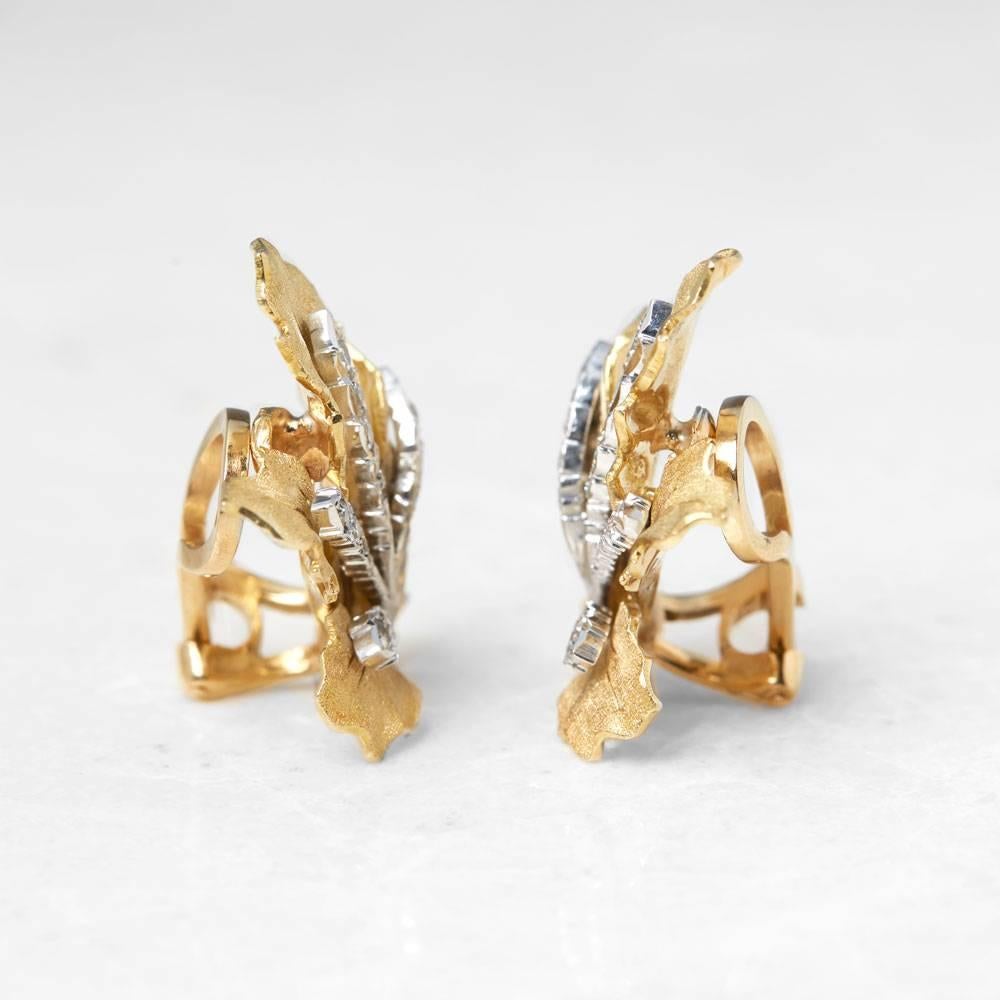 Round Cut Buccellati 18 Karat Yellow Gold Round Brilliant Cut Diamond Leaf Design Earrings