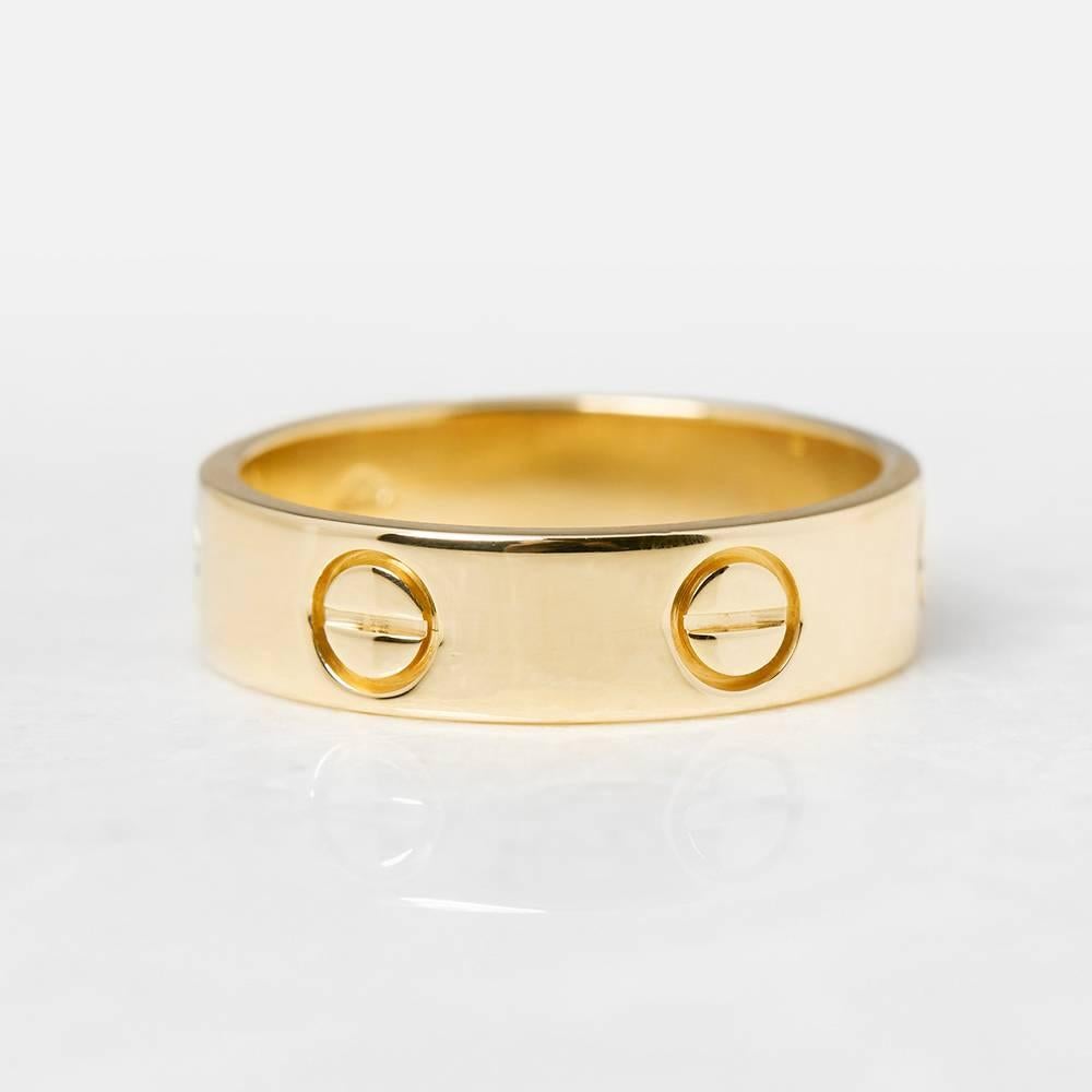 Ref:	COM1095
Model Number: B4084600
Serial Number: B74***
Age: 2000's
Size: P, Band Width - 5mm
Box & Papers: Xupes Presentation Box
Material: 18k Yellow Gold, total weight - 6.61 grams
Condition: 8 - Good condition

This Ring by Cartier is from