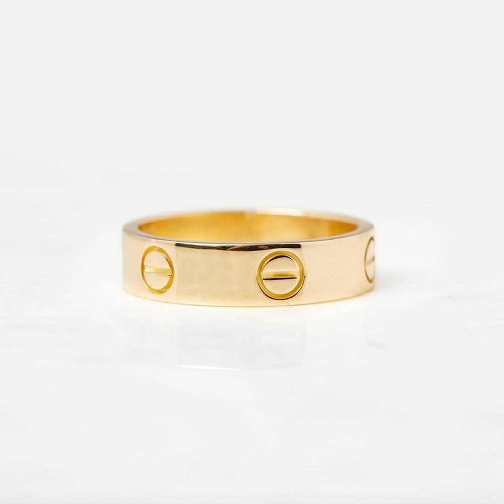 Ref:	COM1093
Model Number: B4084600
Serial Number: AF9***
Age: 2000's
Size: S, Band Width - 5mm
Box & Papers: Xupes Presentation Box
Material: 18k Yellow Gold, total weight - 8.30 grams
Condition: 8 - Good condition

This Ring by Cartier is from