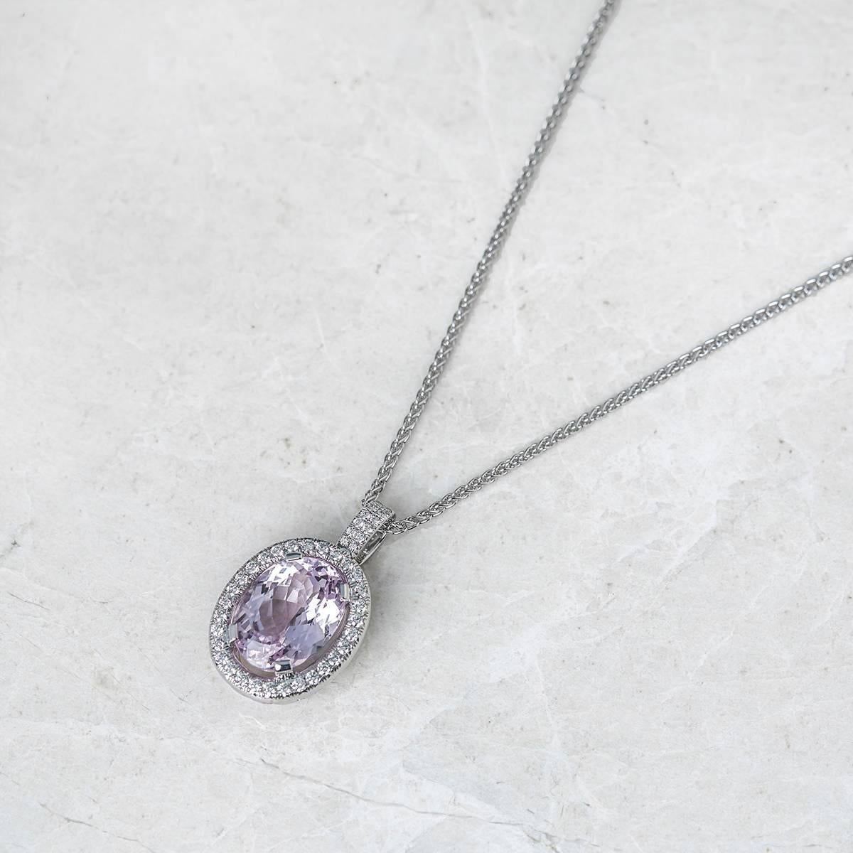 Xupes Code: COM833
Description: 18k White Gold Kunzite & Diamond Necklace
Accompanied With: Xupes Presentation Box
Gender: Ladies
Pendant Length: 3.2cm
Pendant Width: 2cm
Clasp Type: Lobster
Condition: 9
Material: White Gold
Total Weight: