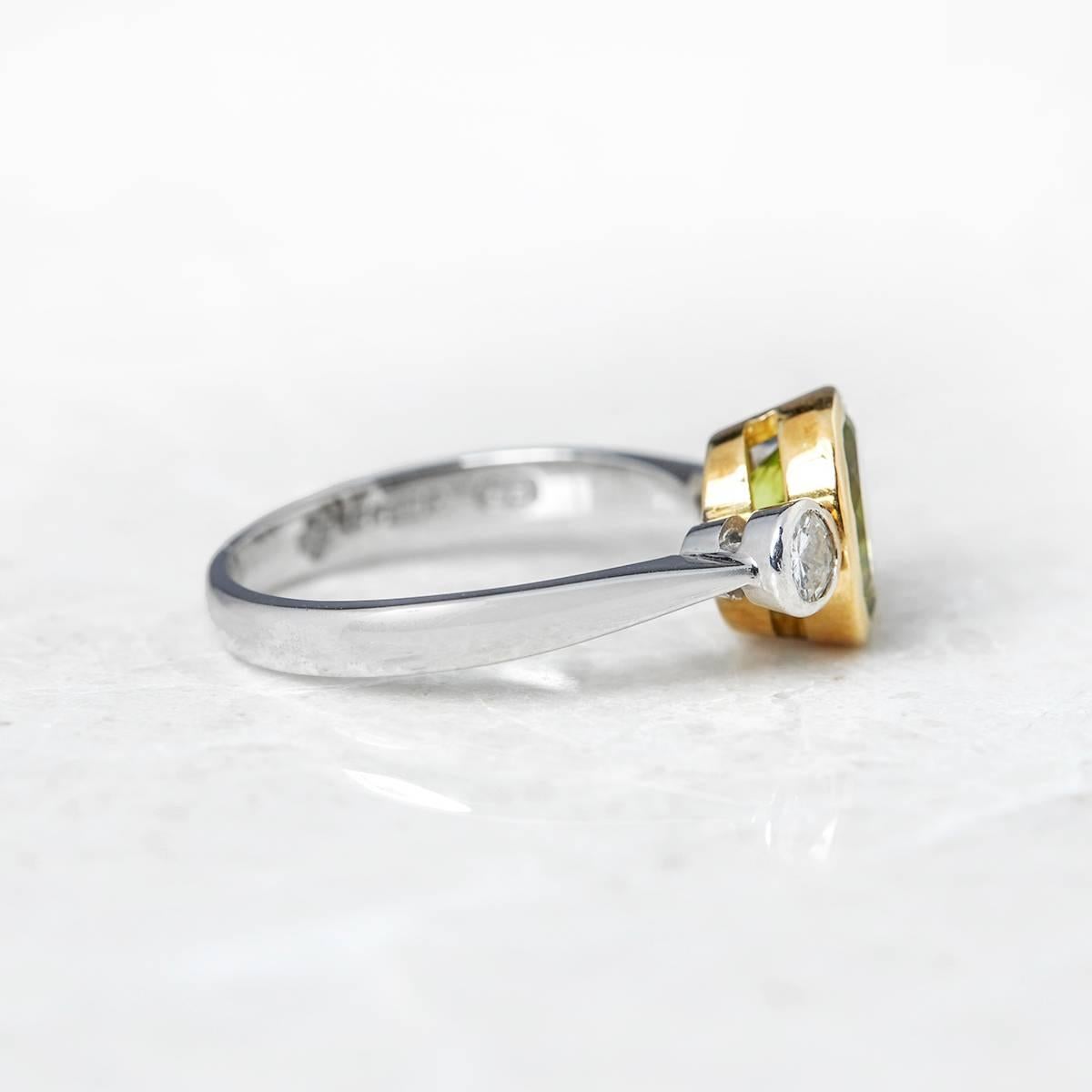 Women's 18 Karat White Yellow Gold Oval Cut Peridot Diamond Vintage Ring