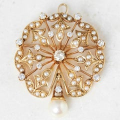Vintage K. Goldschmidt 14 Karat Yellow Gold Pearl Diamond Spray Brooch