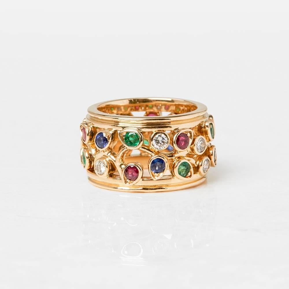 Cartier 18 Karat Yellow Gold Diamond Sapphire Ruby Emerald Band Ring In Excellent Condition In Bishop's Stortford, Hertfordshire