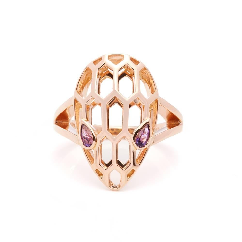 Ref:	COM1389
Model Number: AN857656
Serial Number: F4T***
Age:	 2000's
Size: H 1/2. Band Width - 1.5mm
Box & Papers: Xupes Presentation Box
Material: Rose Gold
Gemset: Set with 2 Amethysts
Condition: 9 - Excellent condition

This Ring by Bulgari is