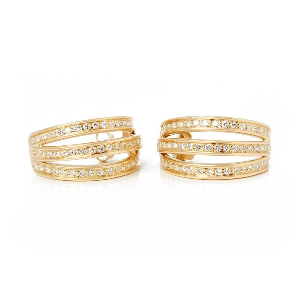 Women's Cartier 18 Karat Yellow Gold Round Brilliant Cut Diamond Triple Hoop Earrings