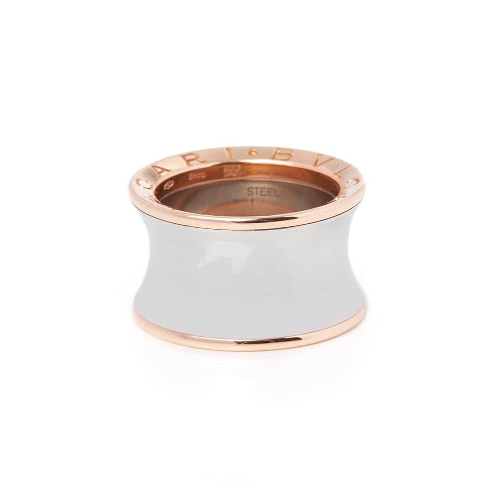 Ref:	COM1420
Serial Number: FC0****
Age:	2000's
Size:	 L 1/2, Band Width - 1.2cm
Box & Papers: Xupes Presentation Box
Material: 18k Rose Gold & Steel, total weight - 9.78 grams
Condition: 9 - Excellent condition

This Ring by Bulgari is from their