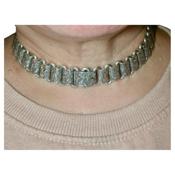 Victorian Silver Choker Necklace Formed by 2 Interlocking Bracelets, C.1880