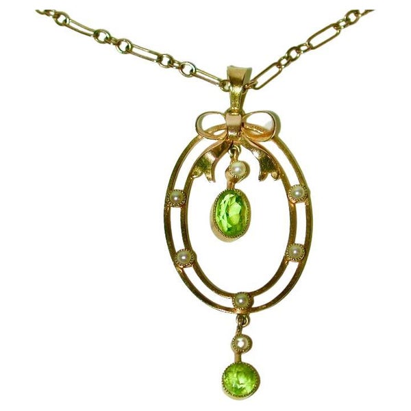 9ct Gold Peridot and Seed Pearl Pendant on 9ct Gold Chain, Dated circa 1900