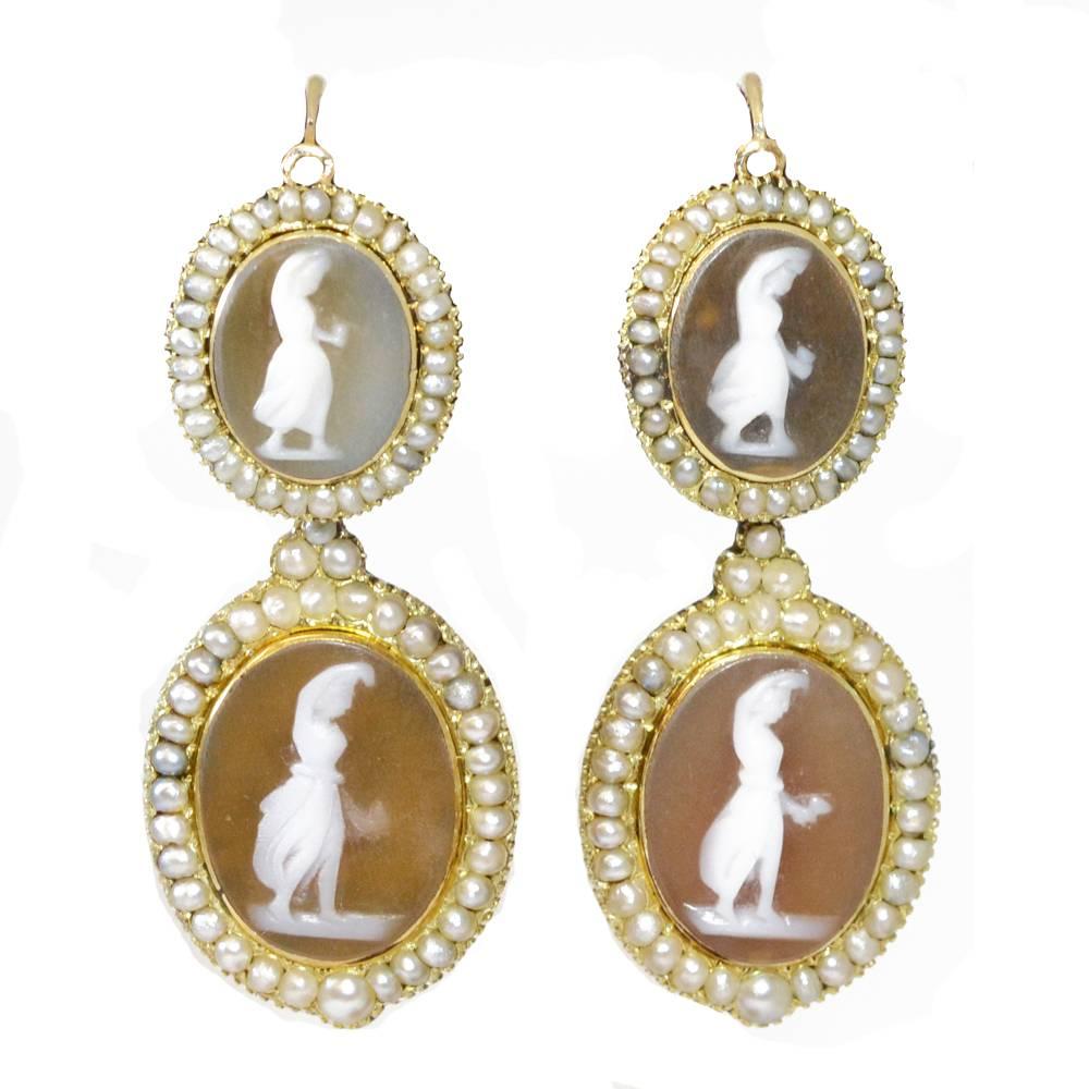 Georgian Shell Cameo Gold Drop Earrings