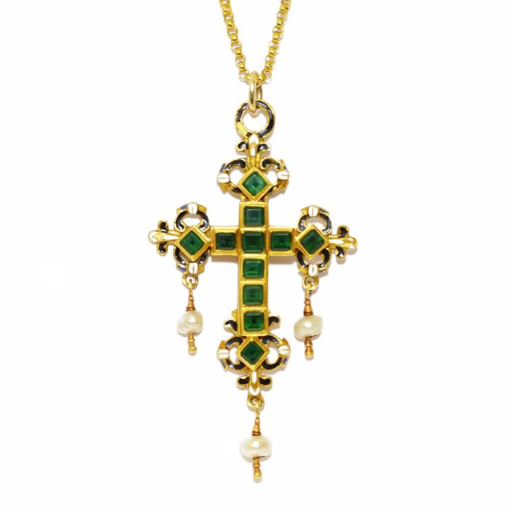 Antique 17th Century Spanish Green Glass Pearl Enamelled Cross