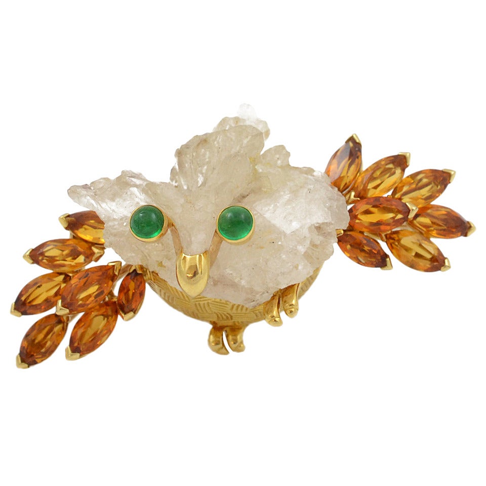 Cartier Rock Crystal Citrine Emerald Gold Owl Brooch For Sale