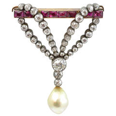 Victorian Pearl Ruby Diamond Drop Brooch 7