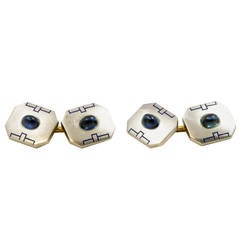 Art Deco Enamel Sapphire Platinum Cufflinks 1