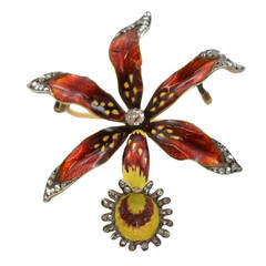 Victorian Enamel Diamond Gold Orchid Brooch