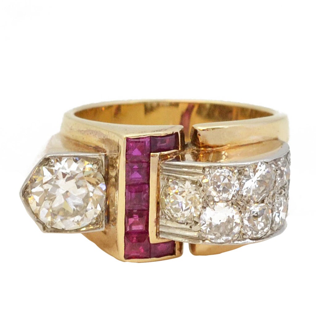 1940s Retro Diamond Ruby Gold Dress Ring