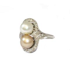 Antique Edwardian Double Pearl Diamond platinum Ring