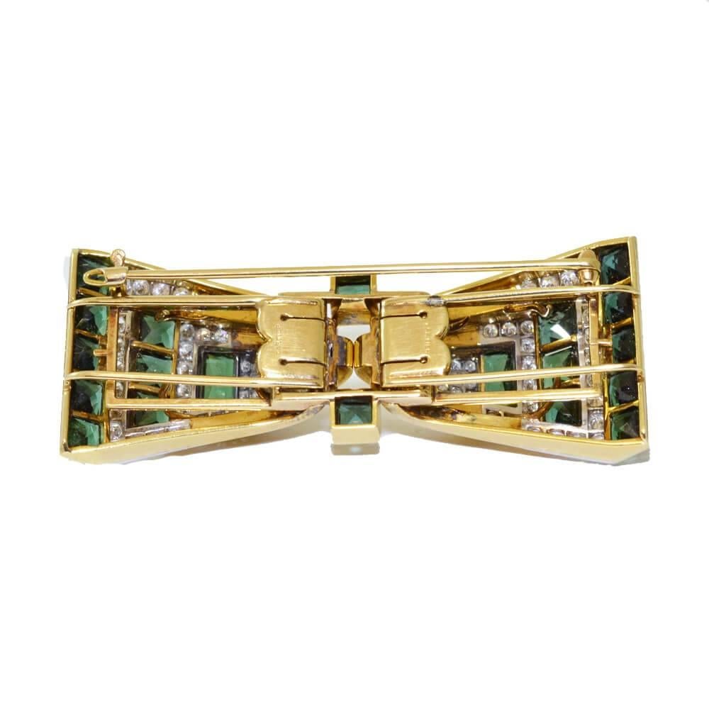 Post-War Art Deco Cartier Tourmaline Diamond Gold Bow Brooch Double Clips For Sale