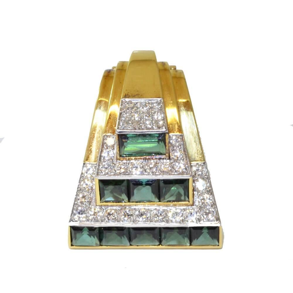 Art Deco Cartier Tourmaline Diamond Gold Bow Brooch Double Clips In Excellent Condition For Sale In London, GB