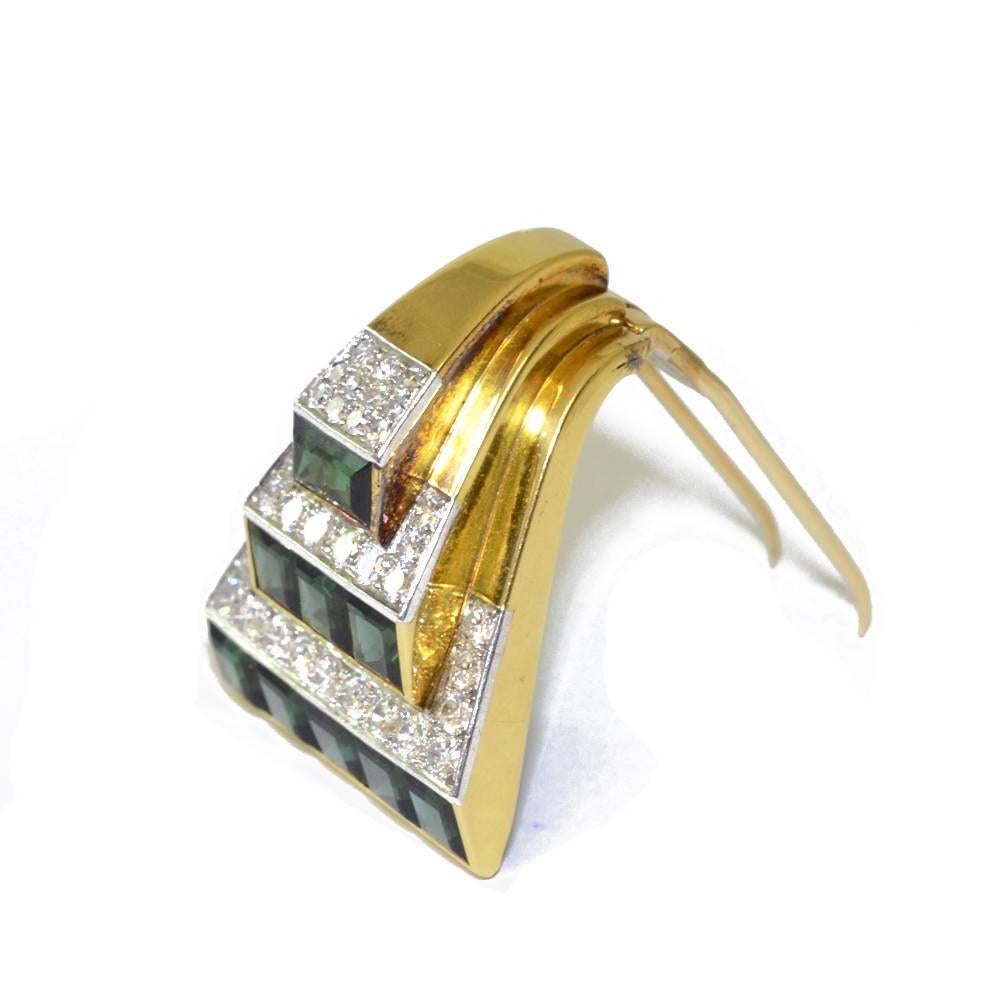 Women's Art Deco Cartier Tourmaline Diamond Gold Bow Brooch Double Clips For Sale