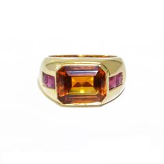 Emerald Cut Citrine Ruby Gold Dress Ring