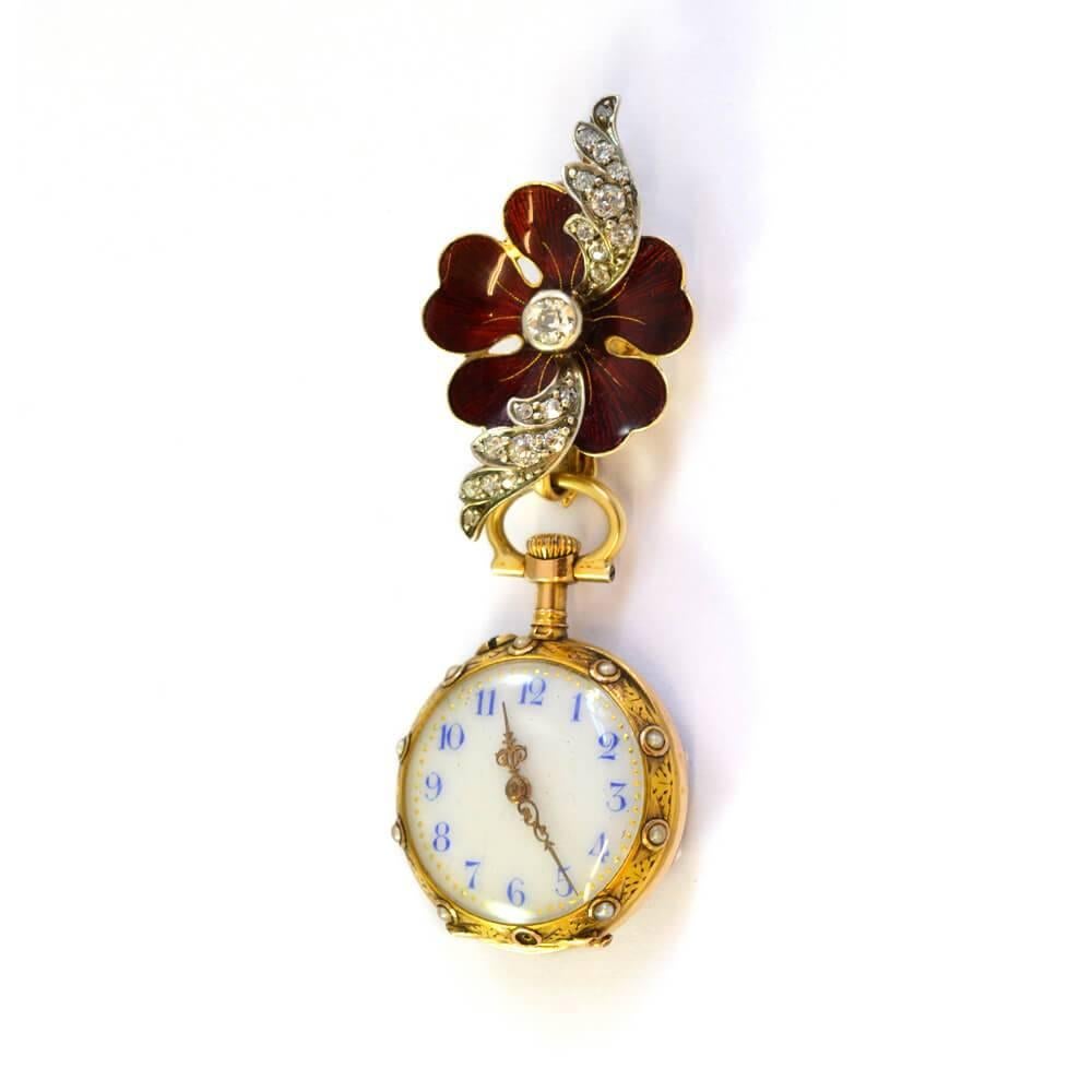 Late Victorian Victorian Yellow Gold Sterling Silver Diamond Enamel Fob Watch, circa 1880 For Sale