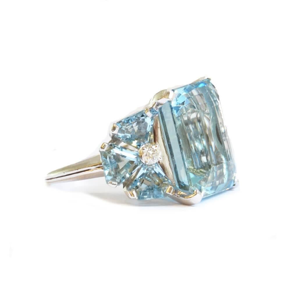 Emerald Cut Aquamarine and Diamond Set Cocktail Ring
