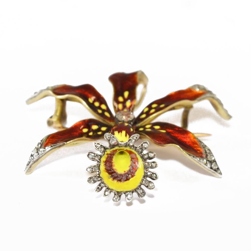 Victorian Enamel Diamond Gold Orchid Brooch In Excellent Condition For Sale In London, GB