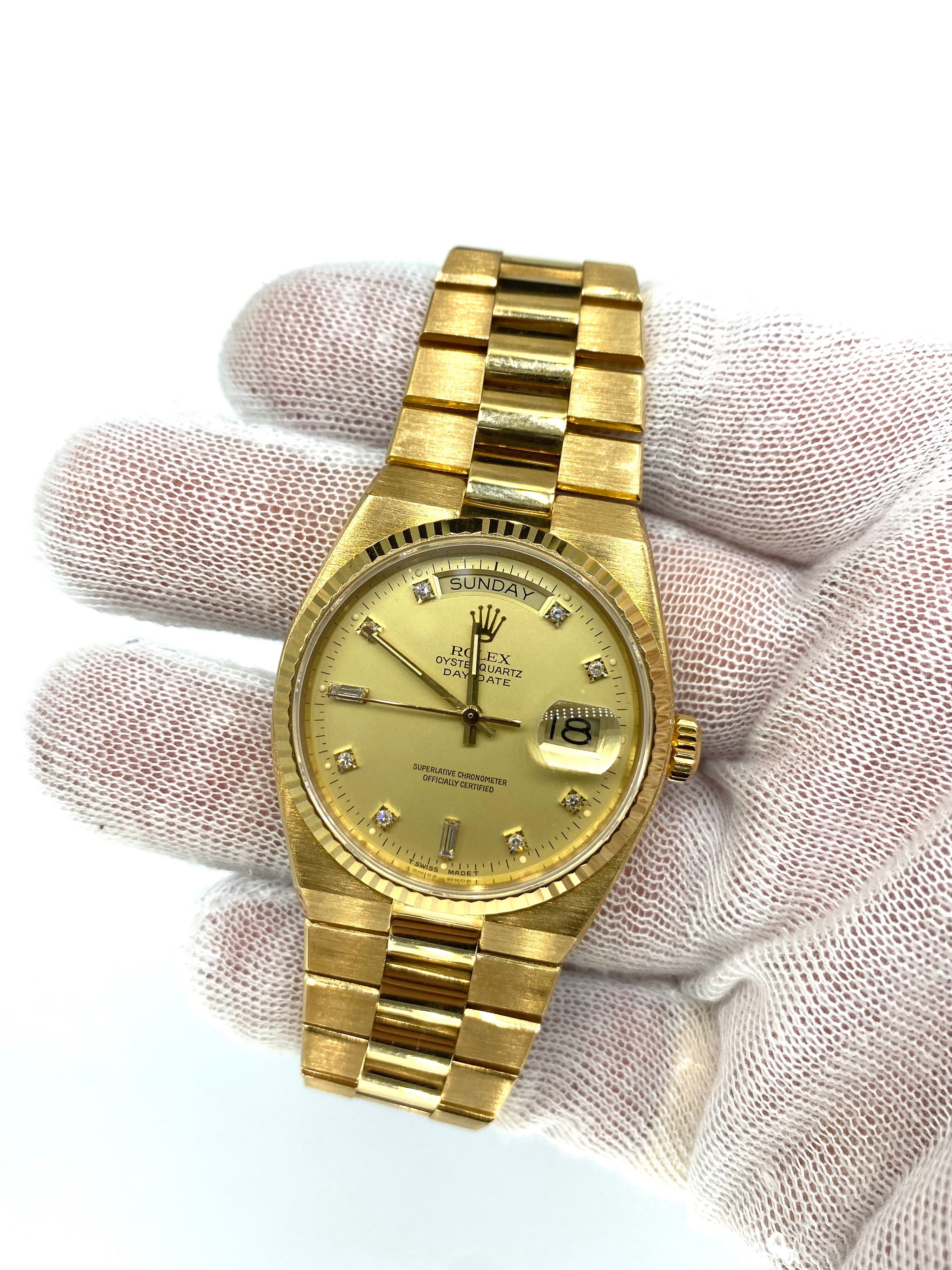 Vintage Rolex Day Date Original Diamond Dial 18k Solid Gold Mint Condition 1982 with box and papers. This Rolex watch is a true collectible to a Rolex lover. In mint condition with original diamond dial barely worn, was kept in a bank safe since the