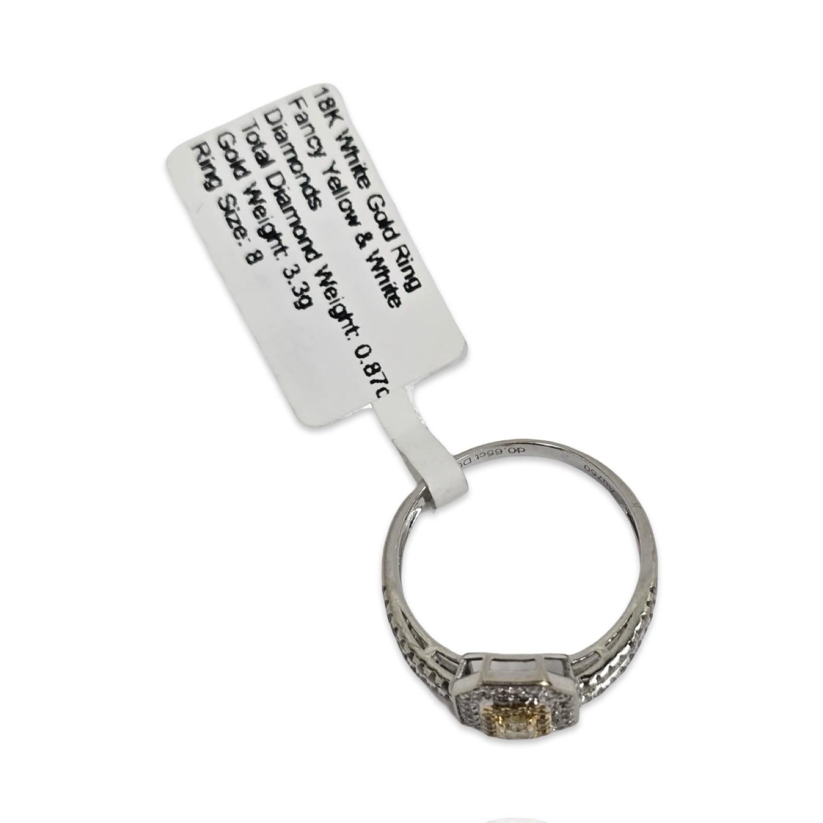 Bague en or blanc 18 carats avec halo de diamants jaunes et blancs, 0,87 ct au total en vente 2