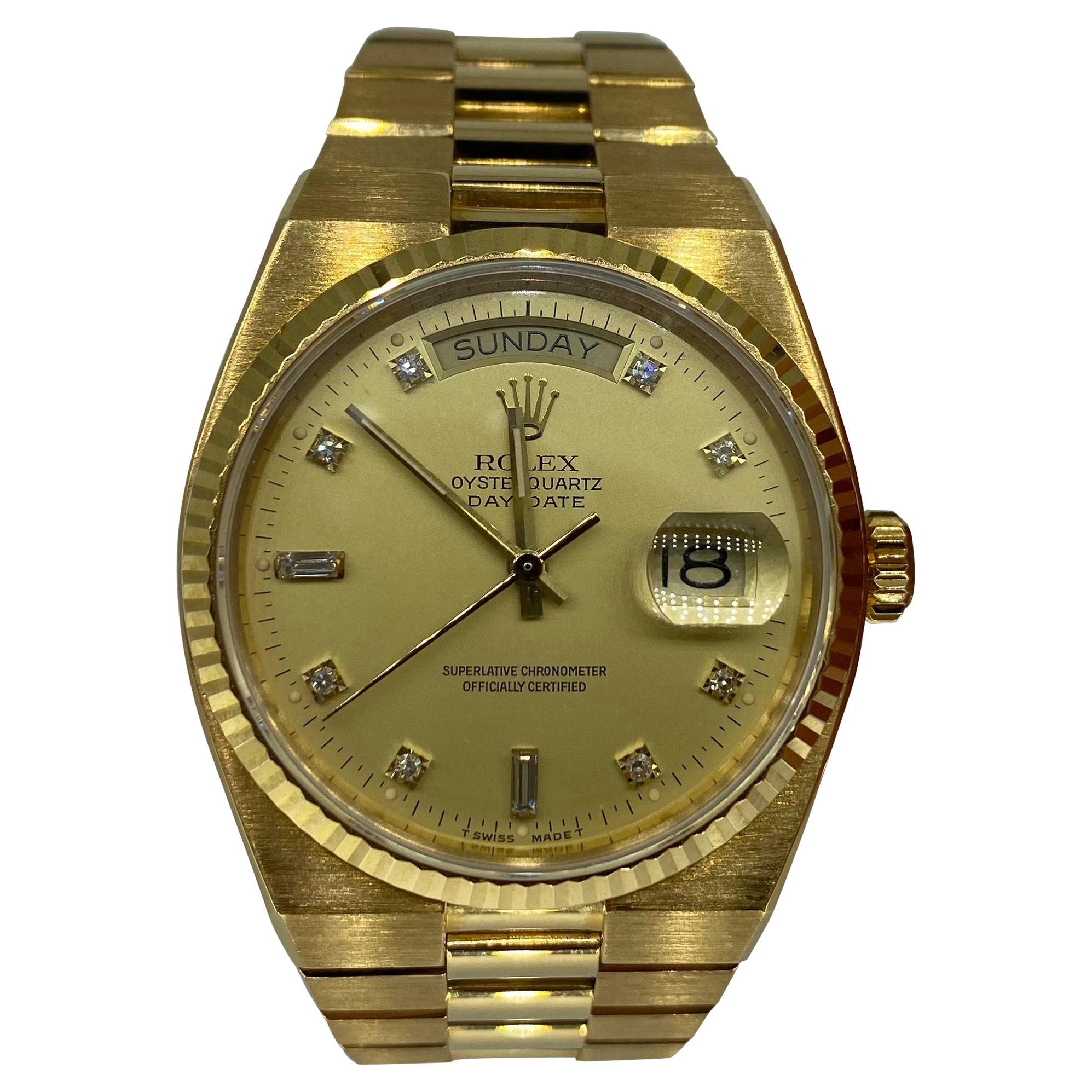 Round Cut Vintage Rolex President Quartz Day-Date Factory Diamond Dial 18k Gold For Sale