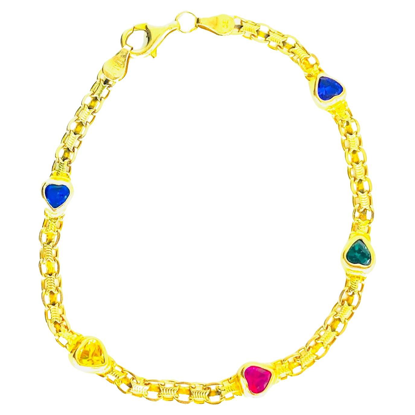 Bracelet vintage en forme de coeur avec pierres précieuses multicolores Or 14k Italie en vente