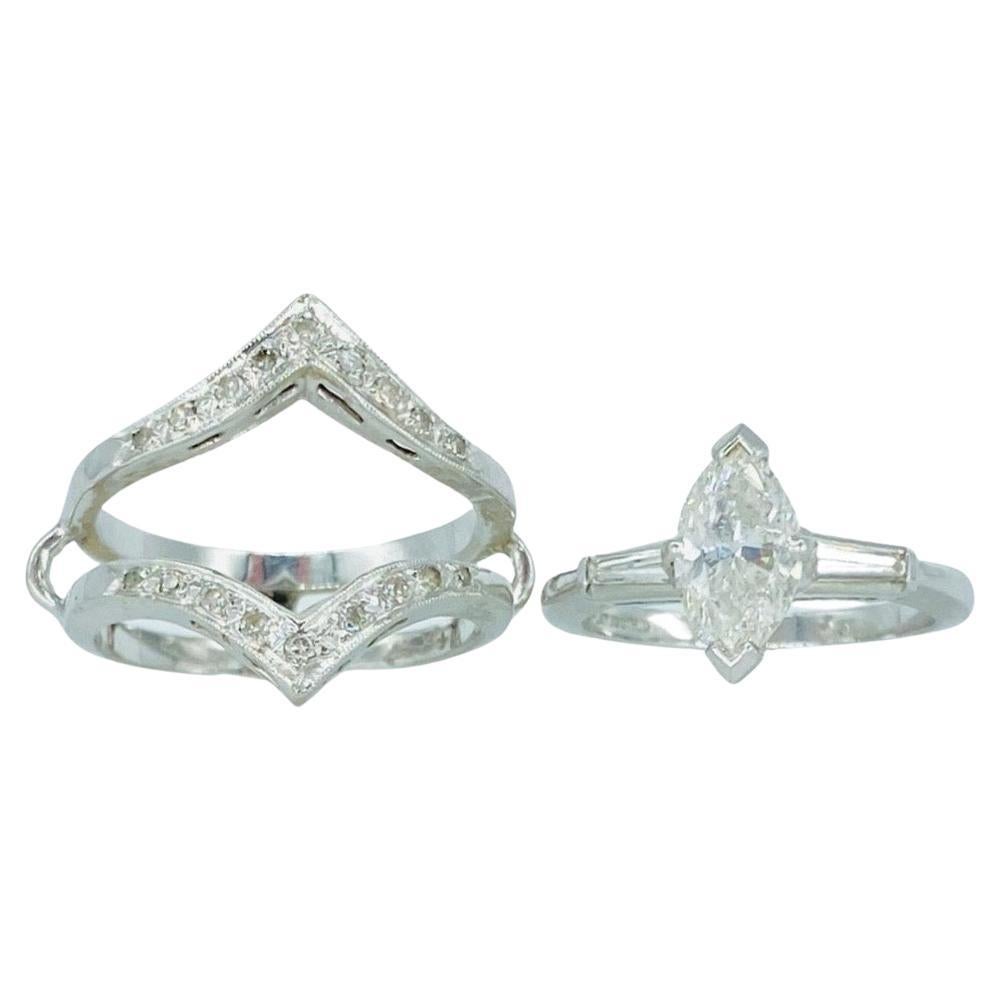 Anello vintage con diamante marquise centrale da 1,00 carati con protezione in platino e oro bianco da 14 carati