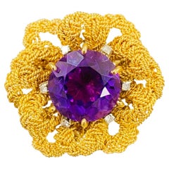Retro 6 Carat Amethyst and Diamonds Floral Leaf Cocktail Ring 18k Gold