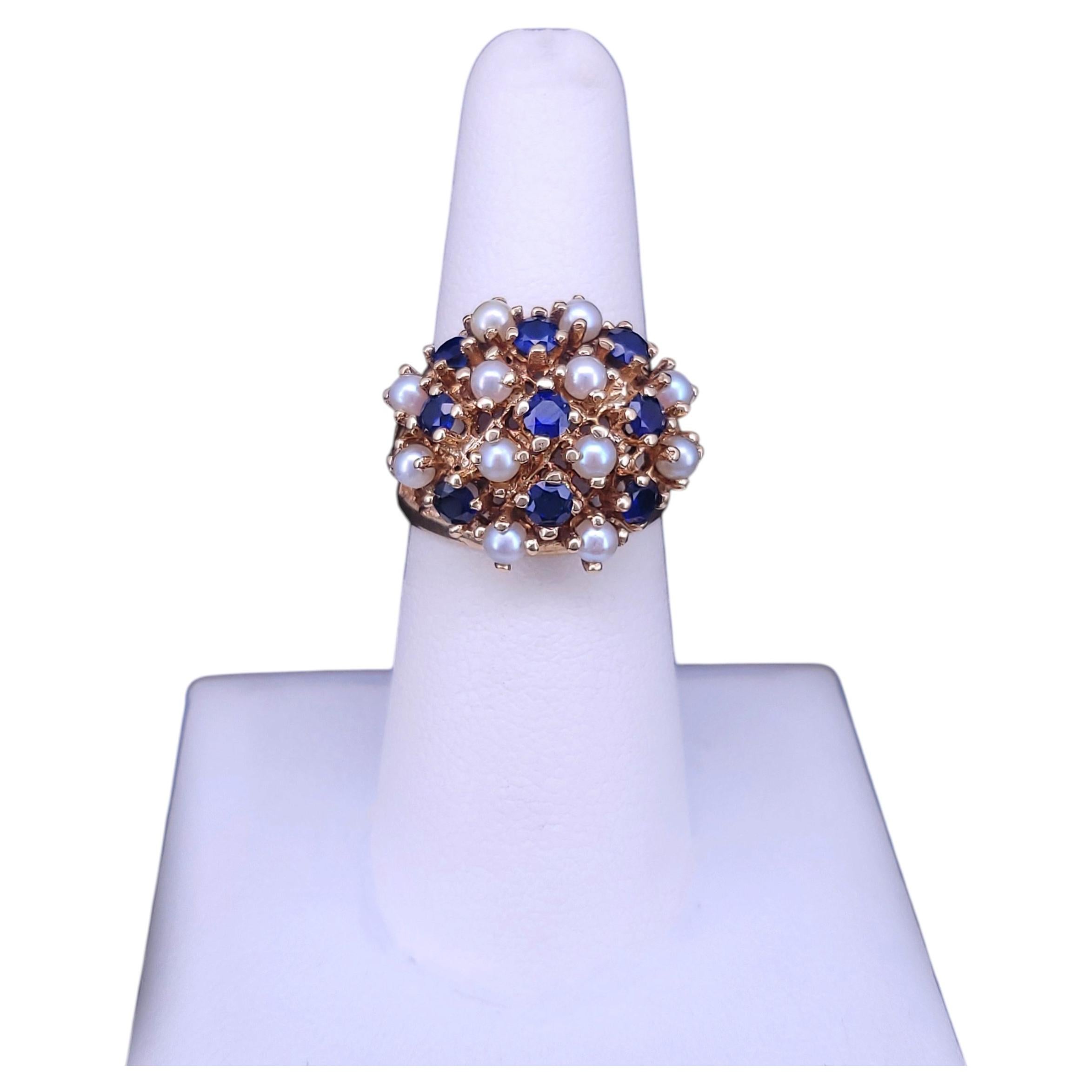 Anello vintage in oro giallo 14k con zaffiri e perle