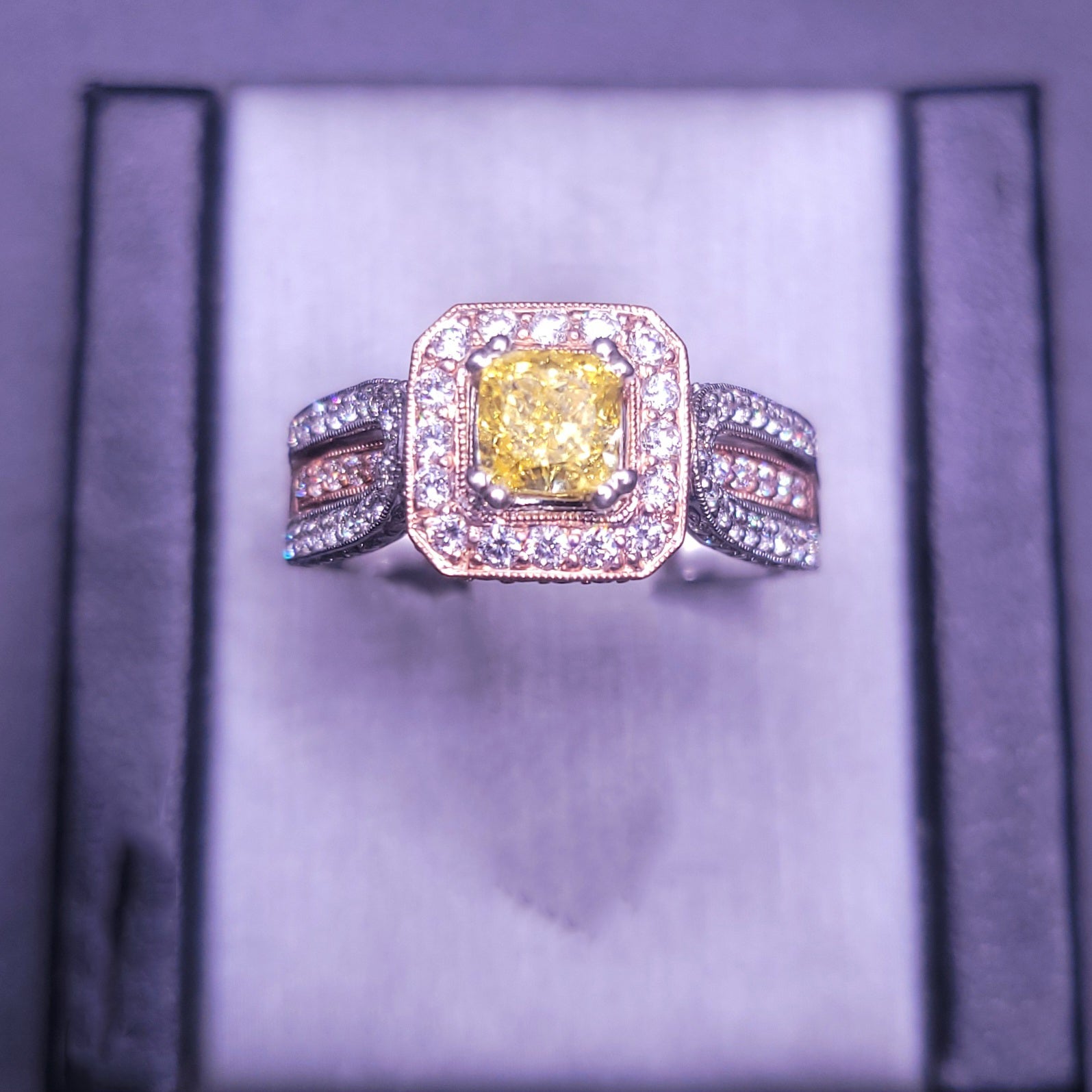 Two-Tone Cushion-Style Citrine Stone Ring with Diamonds Size 10 For Sale