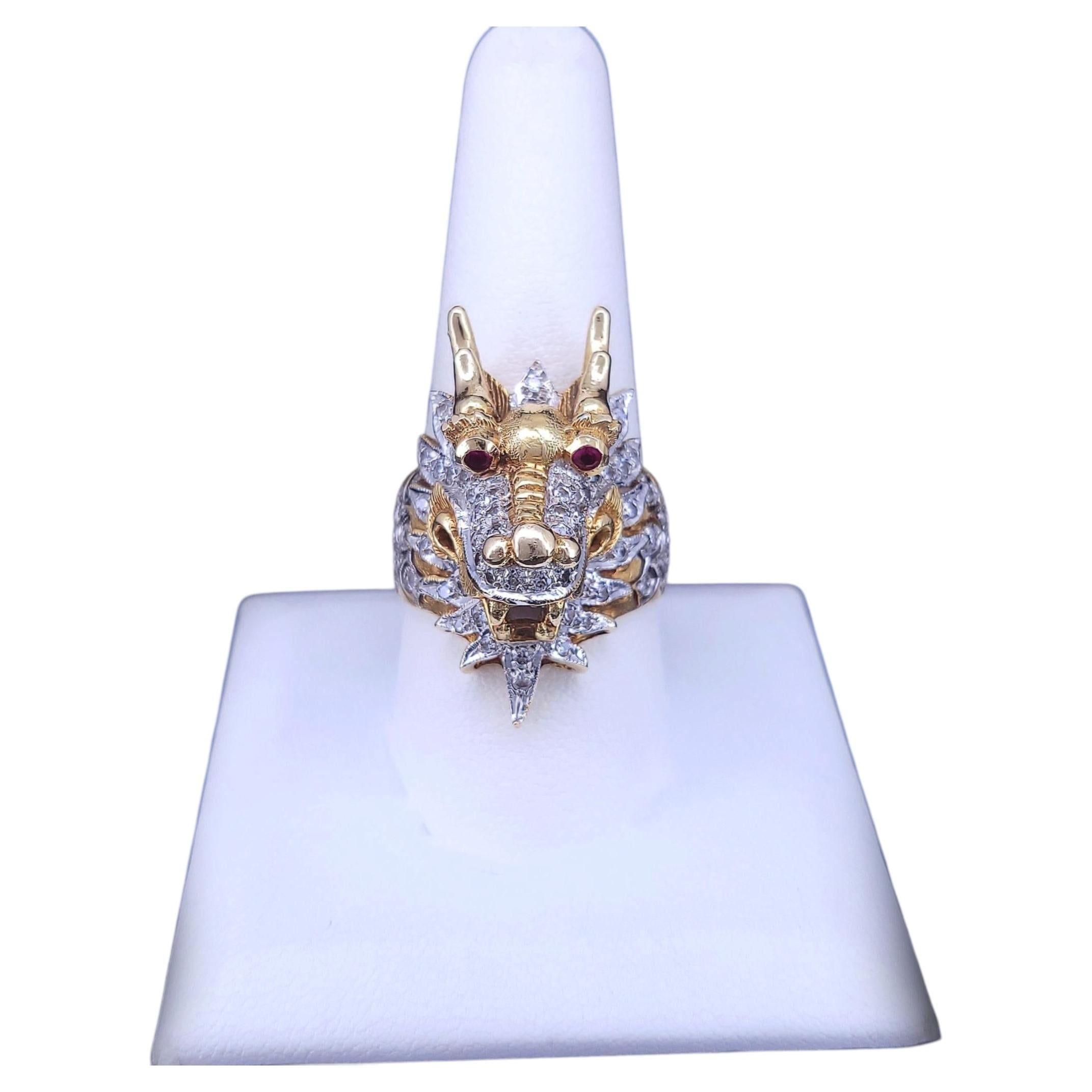 Antique 18K Gold Diamond Dragon Head Ring with Ruby Eyes For Sale