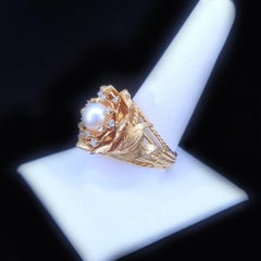 Custom-Made Golden Blossom Pearl & Diamond Ring in 14K Yellow Gold