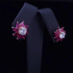 Custom Made Studs Earrings with Ruby & Diamonds in 14K Yellow Gold