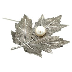 Vintage Mikimoto Estate Akoya Pearl Leaf Brooch Pin Sterling Silver