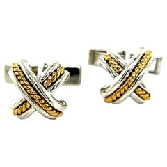 Tiffany & Co Estate Mens X Signature Cufflinks 18k Yellow Gold Sterling Silver