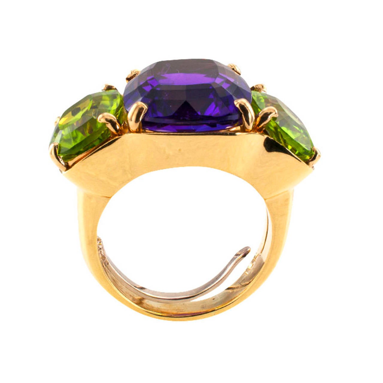 Women's or Men's Amethyst Peridot Gold Three Stone Cocktail Ring