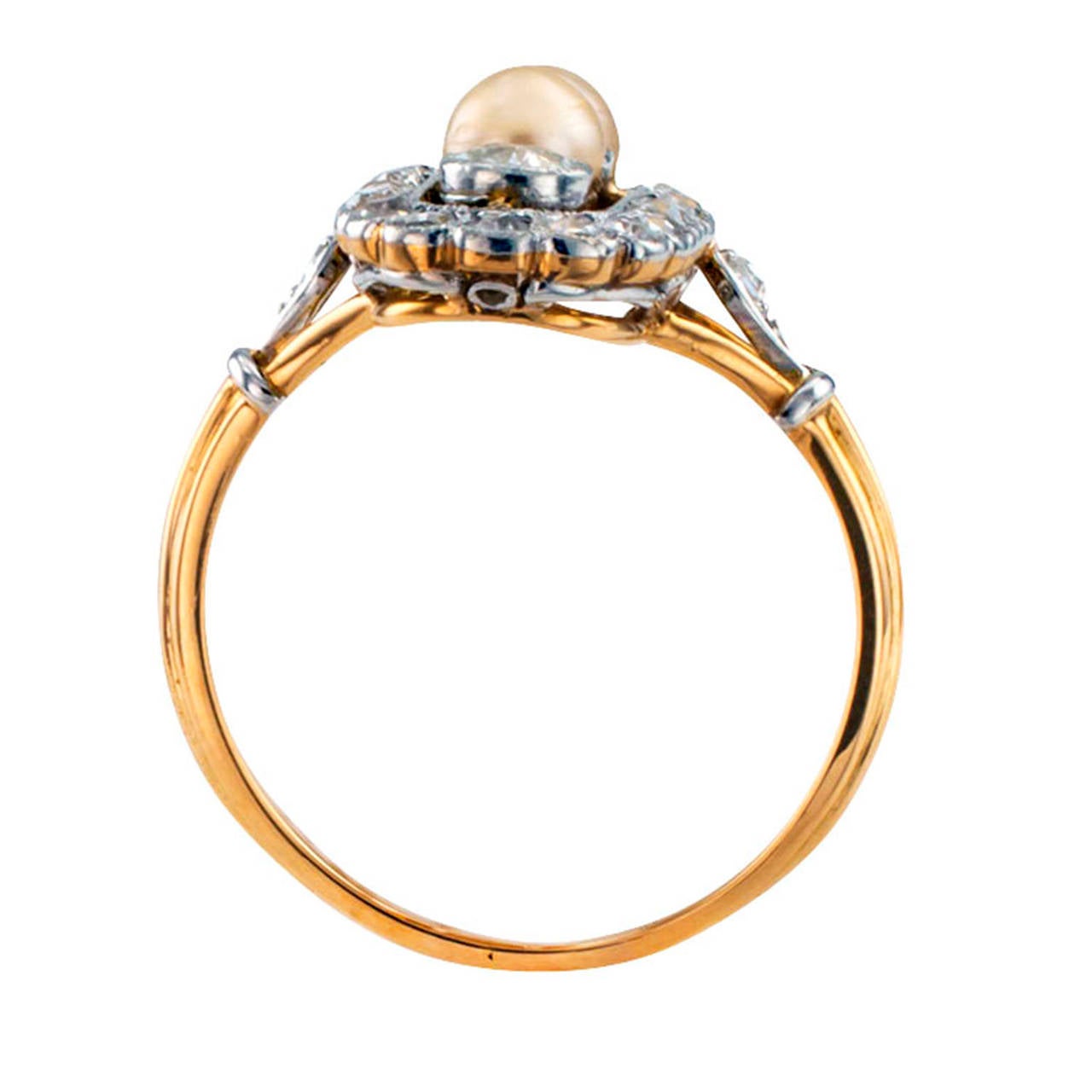 Edwardian Pearl Diamond Gold Platinum Ring In Excellent Condition In Los Angeles, CA