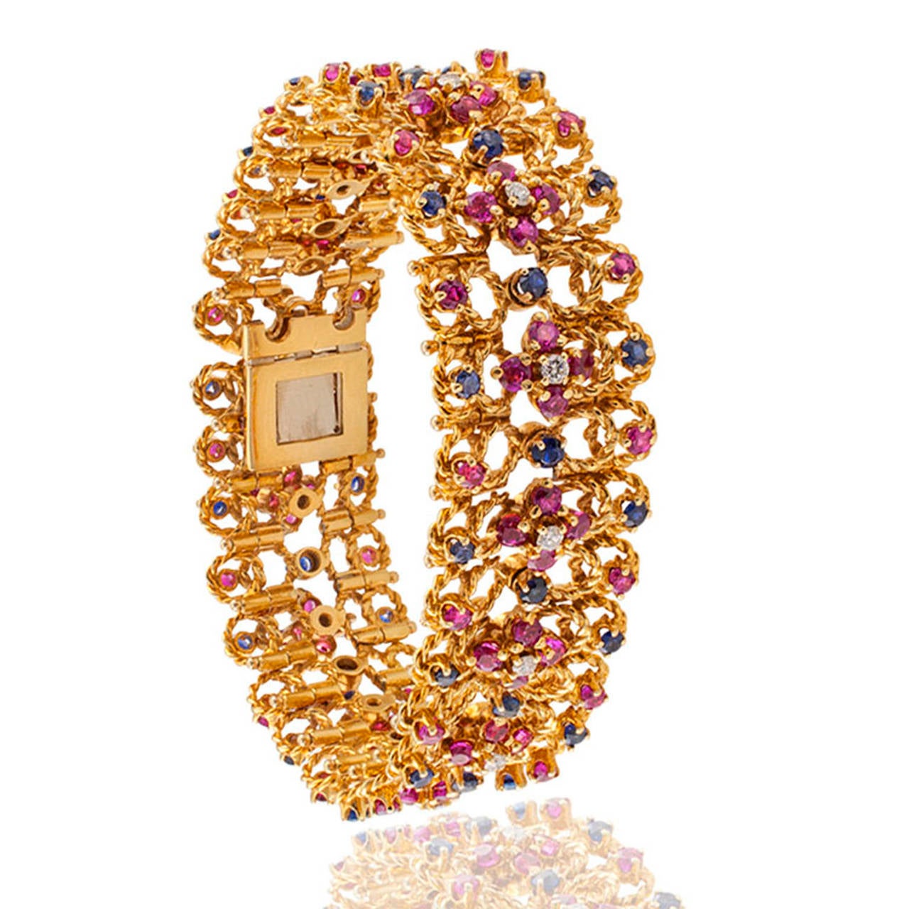 Modern 1960s Wide Ruby Sapphire Diamond Gold Bracelet 
